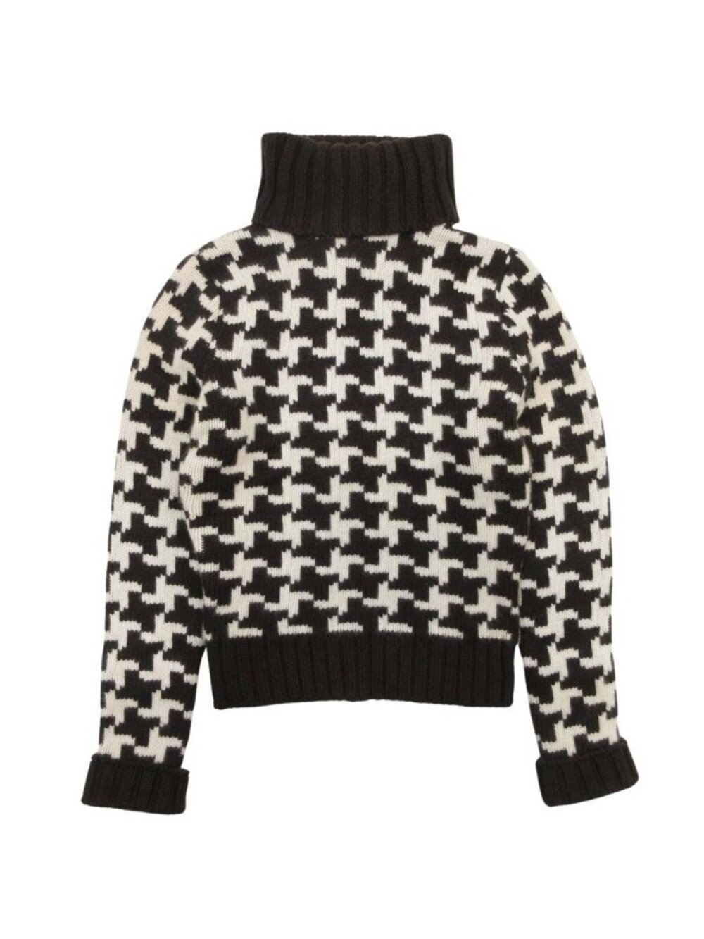 Celine Vintage Cashmere Turtle Knit Sweater Houndstooth Pattern S Brown Off